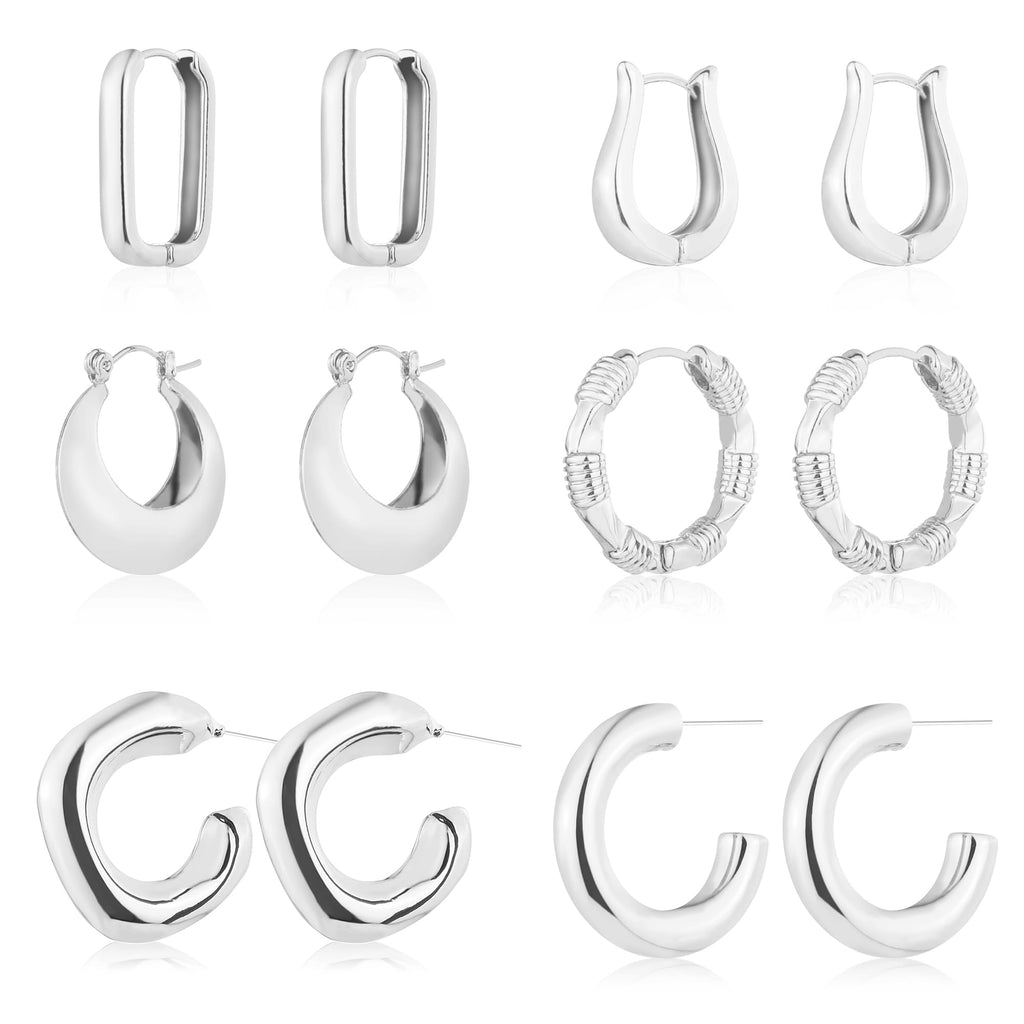 6 Pairs 14K Gold Plated Hoop Earrings for Women Lightweight Chunky Hoop Earrings Multipack Hypoallergenic, Thick Open Twisted Huggie Hoops Earring Set Jewelry for Gifts. (new silver hoops)