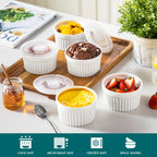 vancasso 10 oz Ramekins with Lid, Porcelain Creme Brulee Souffle Dishes, White Pudding Custard Cups Ramiken for Baking, Dishwasher and Oven Safe, Set of 6