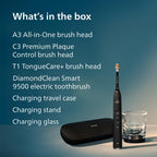 Philips Sonicare DiamondClean Smart 9500 Electric Toothbrush - Sonic Toothbrush with App, Pressure Sensor, 15 Brushing Settings, Replacement Reminder, USB Charging Travel Case, Black, Model HX9923/11