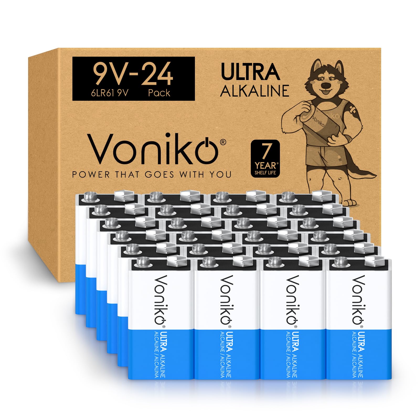 Voniko 24-Pack 9V Batteries, Long-Lasting 9 Volt Battery for Smoke Detector, Fire Alarm and Household Devices, Leakproof, 7-Year Shelf Life