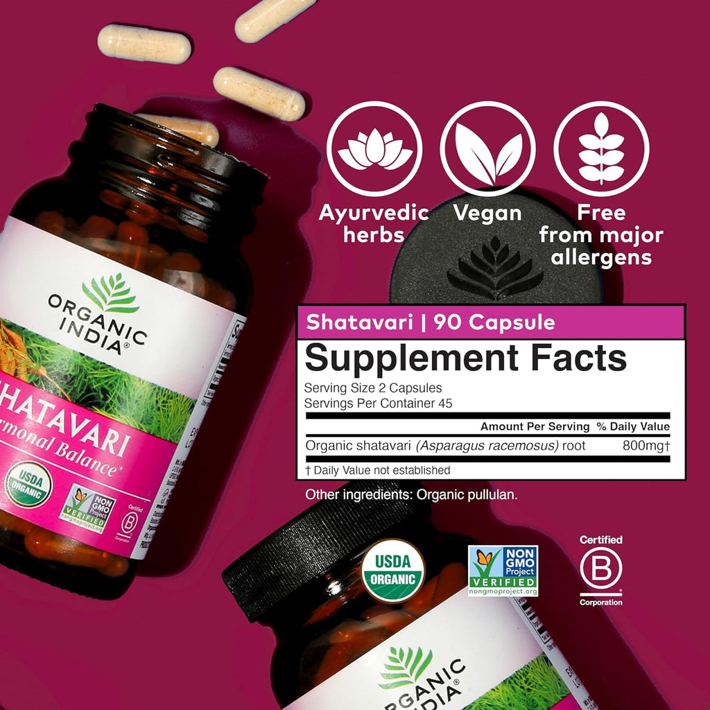ORGANIC INDIA Shatavari Capsules - Herbal Supplement, Supports Hormonal Balance, Immune System Support, Vegan, Gluten-Free, USDA Organic, Supports Reproductive Health - 180 Capsules