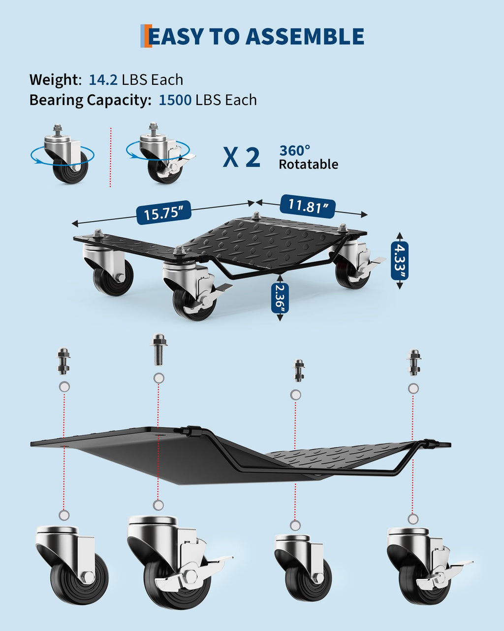 DEXSO Car Wheel Dolly, 6000 lbs/2722 kg Car Moving Cart with Brakes, Set of 4 Piece, Heavy-Duty Vehicle Dolly, Moving Cars, Trucks, Trailers, Motorcycles, and Boats, Black