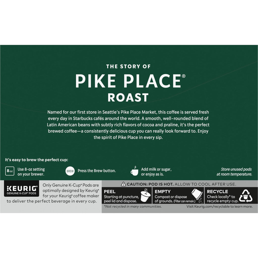 Starbucks K-Cup Coffee Pods, Medium Roast Hot or Iced Coffee, Pike Place Roast, 60 Keurig Pods