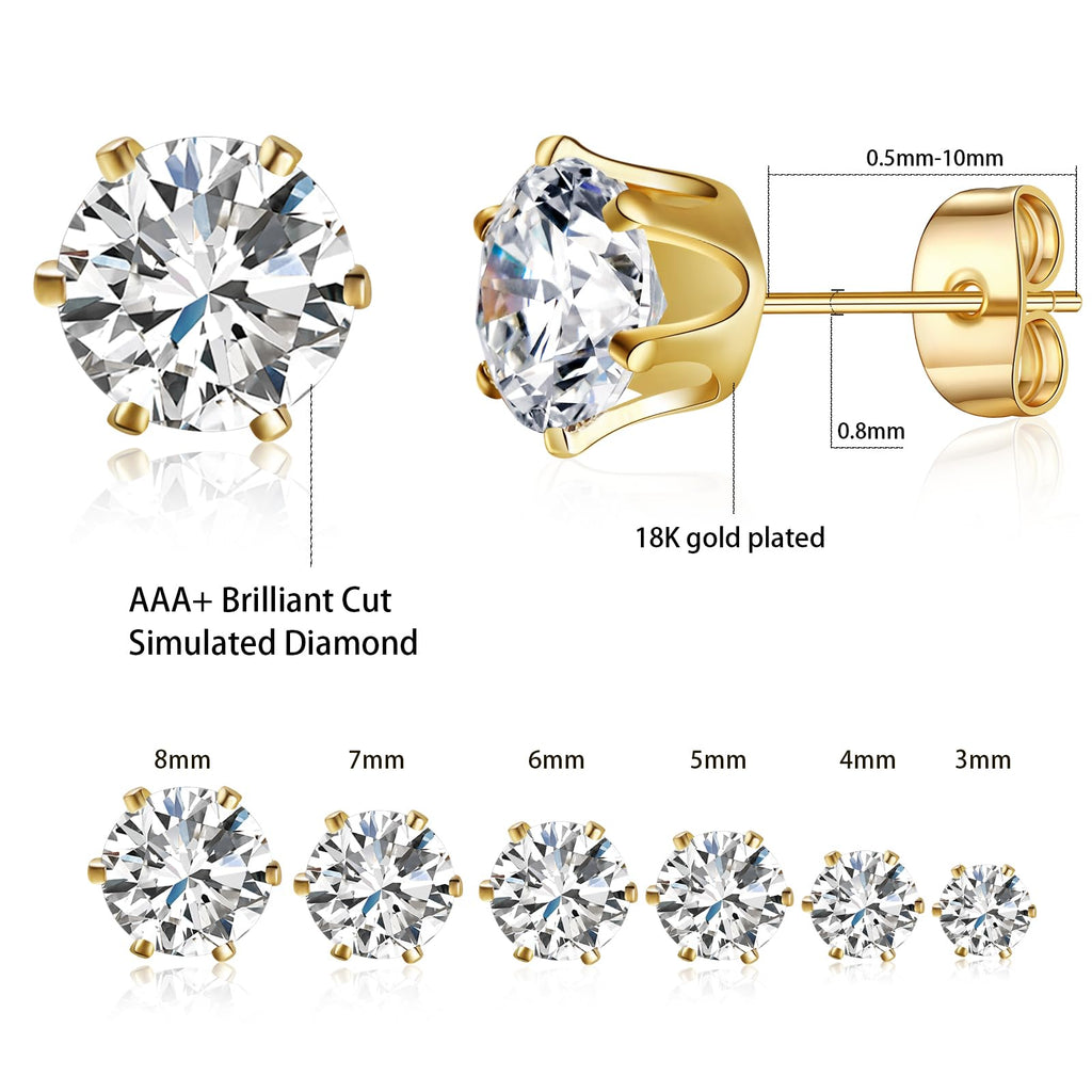 Gemsme 3-8mm Cubic Zirconia Gold Earrings for Women/Men Trendy - Hypoallergenic Stainless Steel With 18K Yellow Gold Plated 6-Sprong-setting Round CZ Stud Earrings Set - 6 Pairs