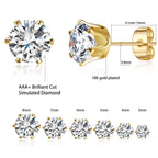 Gemsme 3-8mm Cubic Zirconia Gold Earrings for Women/Men Trendy - Hypoallergenic Stainless Steel With 18K Yellow Gold Plated 6-Sprong-setting Round CZ Stud Earrings Set - 6 Pairs