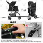 MoNiBloom Foldable Pet Stroller with Weather Cover, 3 Wheels Pet Strolling Cart for Small/Medium Dogs and Cats with Storage Basket and Cup Holder, Breathable and Visible Mesh for All-Season, Black