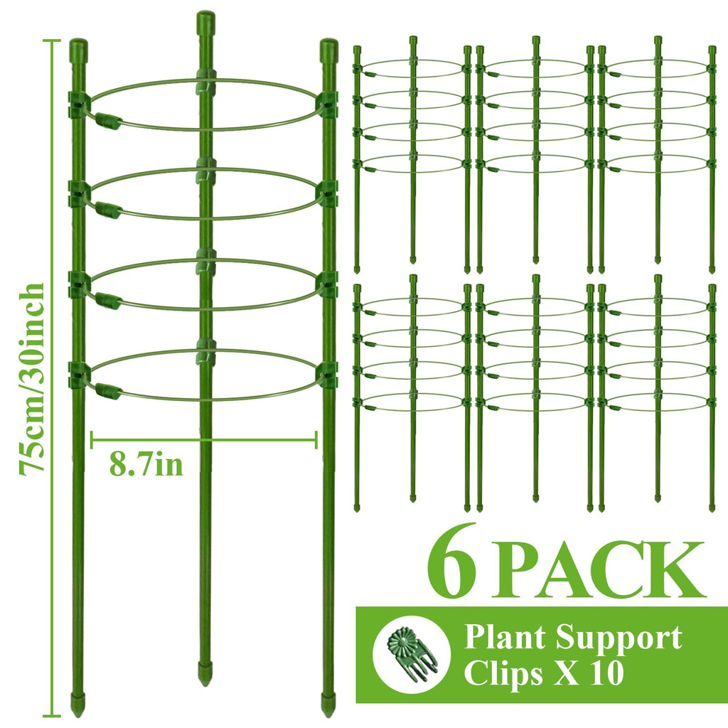 Legigo 6 Pack 30 Inch Plant Support Cages Tomato Cage for Garden- Plant Cages Adjustable Rings, Tomato Plant Support Stakes Trellis for Pots, Peppers, Cucumbers and Flowers with 10 Plant Clips