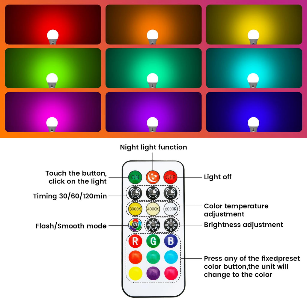 LED Rechargeable Light Bulbs With Remote ＆ Touch Dimmable, E26 Battery Operated Light Bulb for Lamps, RGB 12 Colors, 2600mAh USB battery backup Light Bulb With Timer, A19 Small Light Bulbs 2 Pack