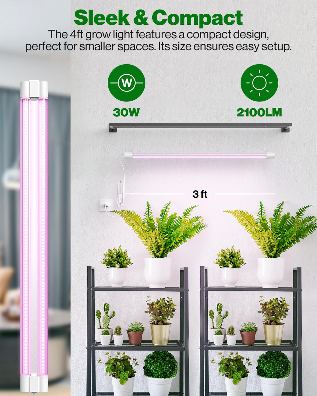 Sunco 4 Pack 3FT LED Grow Light, Full Spectrum, 30W