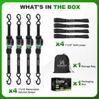 THURSLLON Retractable Ratchet Straps (4-Pack) - 1 Inch x 10 Feet (1,650lb Break Strength) - Auto Self Retracting Tie Down Straps for Truck, Cargo Trailer, Motorcycle, ATV, UTV - Black