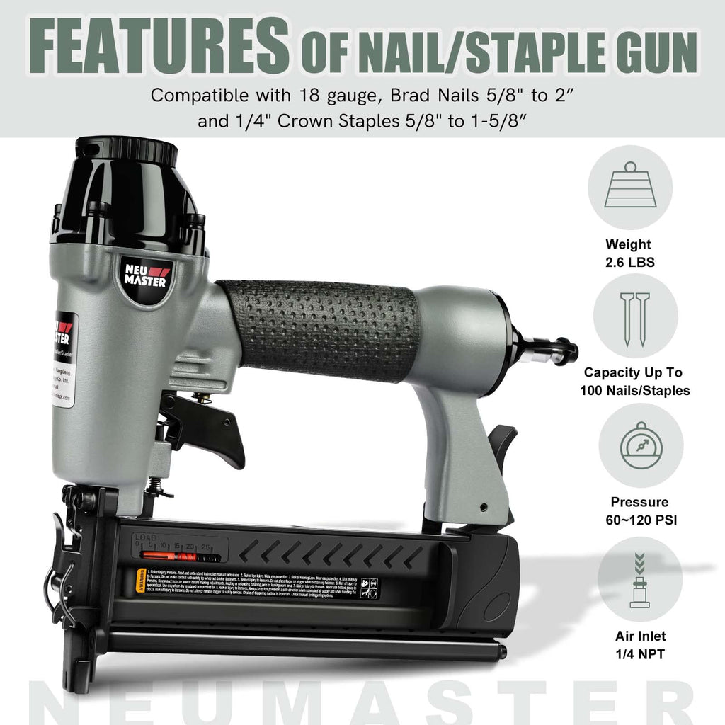 NEU Master Pneumatic Brad Nailer, 2 in 1 Nail Gun/Staple Gun Works with Air Compressor(Not Included), 18 Gauge 2 Inch Brad Nails and Crown 1-5/8 inch Staples with Carrying Case and Safety Glasses