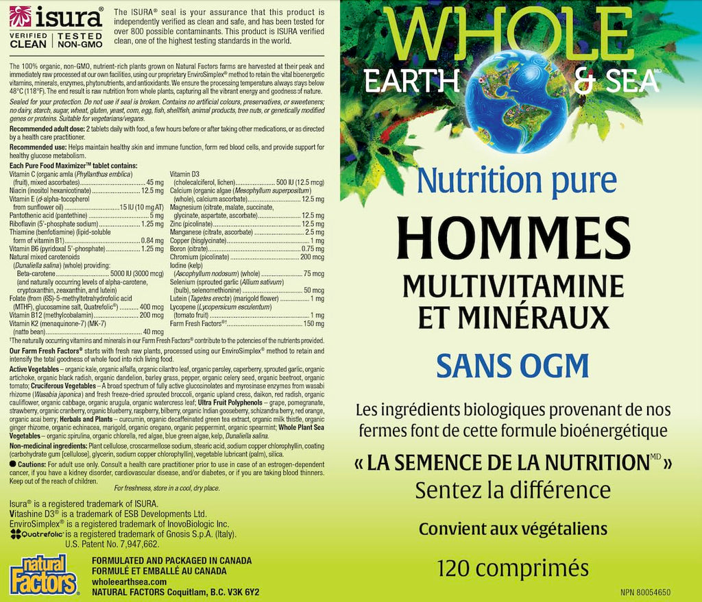Natural Factors Whole Earth & Sea Men's Multivitamin & Mineral - Daily Health Supplement for Men Under 50 - Vegan, Non-GMO & Gluten-Free - 120 Tablets (60 Servings)
