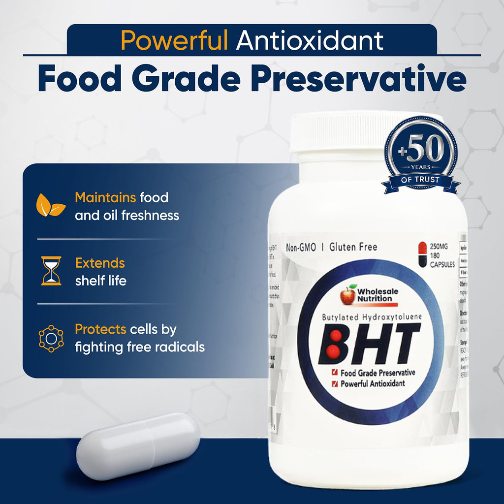 Wholesale Nutrition BHT - 250mg Potent Antioxidant - Non-GMO, Gluten-Free - Enhance Oil/Fat Preservation - Pure Butylated Hydroxytoluene for Foods/Oils - 180 Capsules