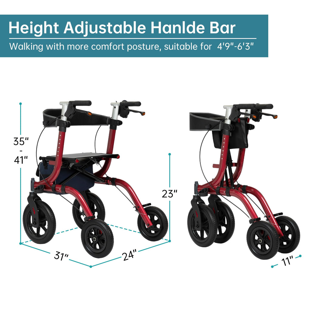 ELENKER All-Terrain Rollator Walker with Seat, Outdoor Rolling Walker, 12” Non-Pneumatic Tire Front Wheels, Compact Folding Design for Seniors, Red