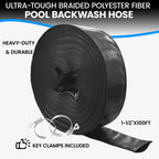 Poolvio Backwash Hose 1-1/2" x 100 ft, Heavy-Duty Lay-Flat Reinforced PVC Discharge Hose with 2 Stainless Steel Thumb Screw Clamps, Leak-Resistant for Inground & Above-Ground Pool Filters