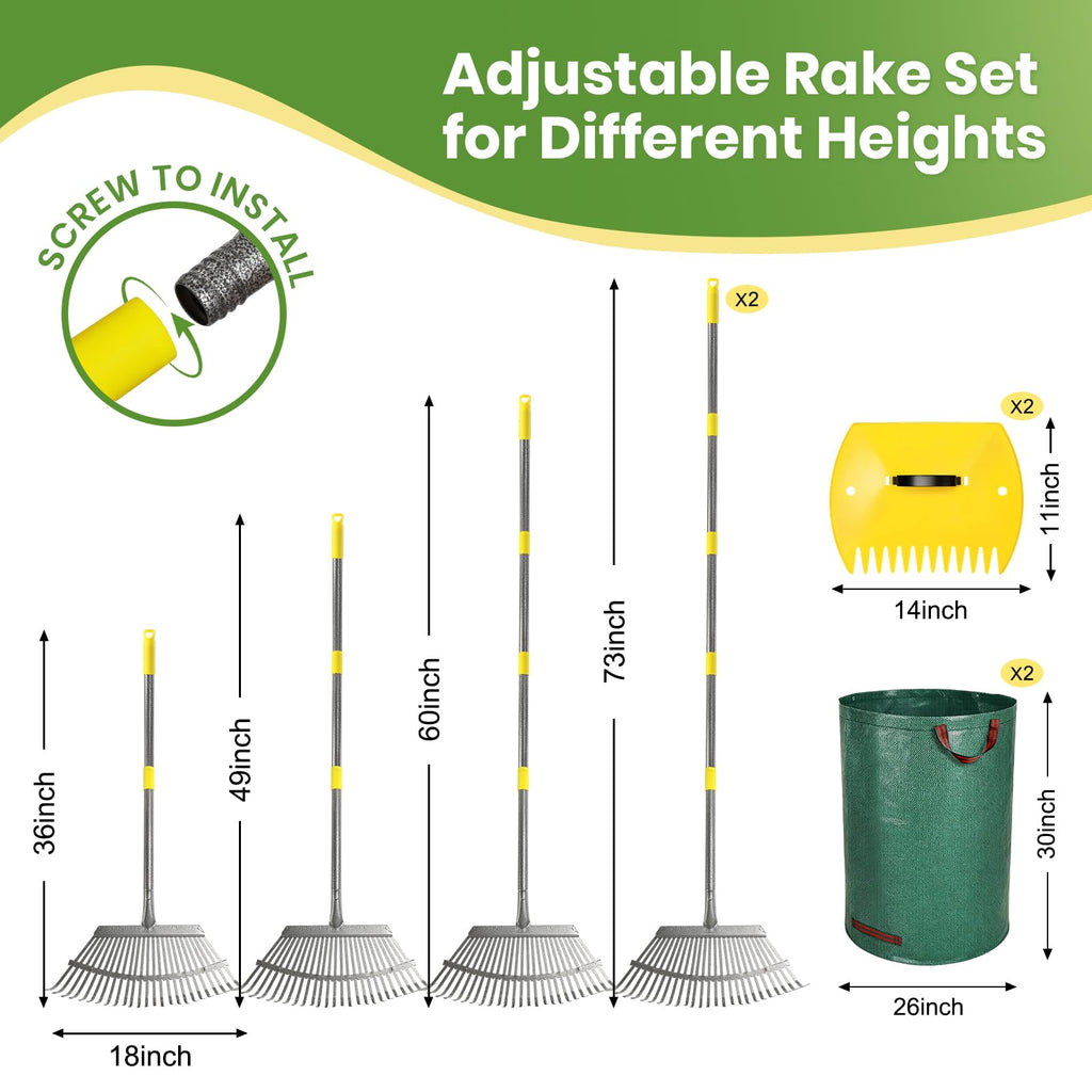2 Pack Garden Rake for Leaves: 18" Wide Heavy Duty Rakes for Lawns with 72 Gallon Leaf Bags and Scoops, Metal Leaf Rake Set with73 Adjustable Long Handle 25 Tines for Yard, Garden, Lawn