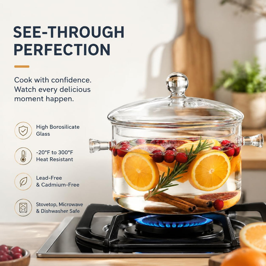 Jucoan 1.5L/50oz Glass Saucepan with Cover, Heat Resistant Stovetop Glass Cooking Pot with Lid for Pasta Noodle, Soup, Milk, Clear Simmer Pot for Potpourri Christmas Holiday Home Fragrance