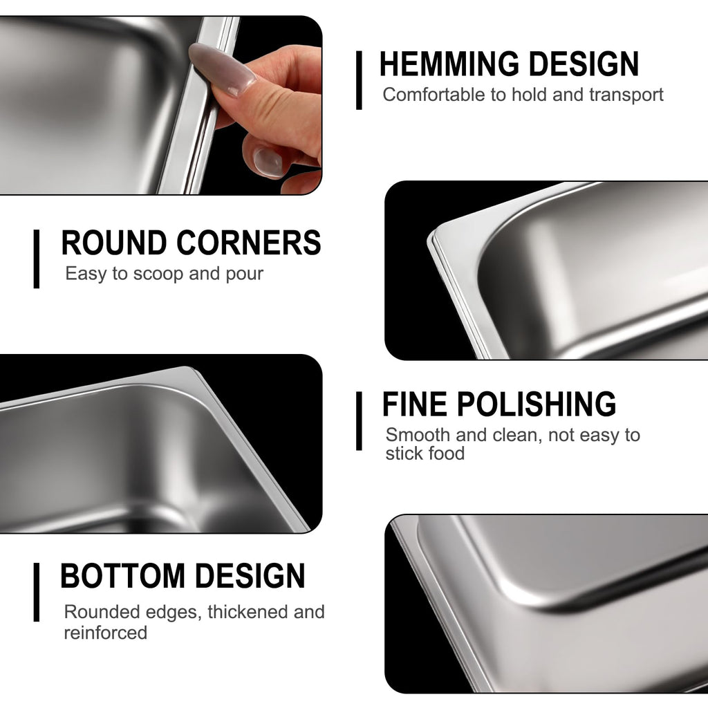West Bay 6 Pack 1/9 Size Hotel Pan with Lids, 4'' Deep Steam Table Pan with Lid, 5.3'L x 2.7''W Stainless Steel Pans for Home, Party, Hotel, Buffet