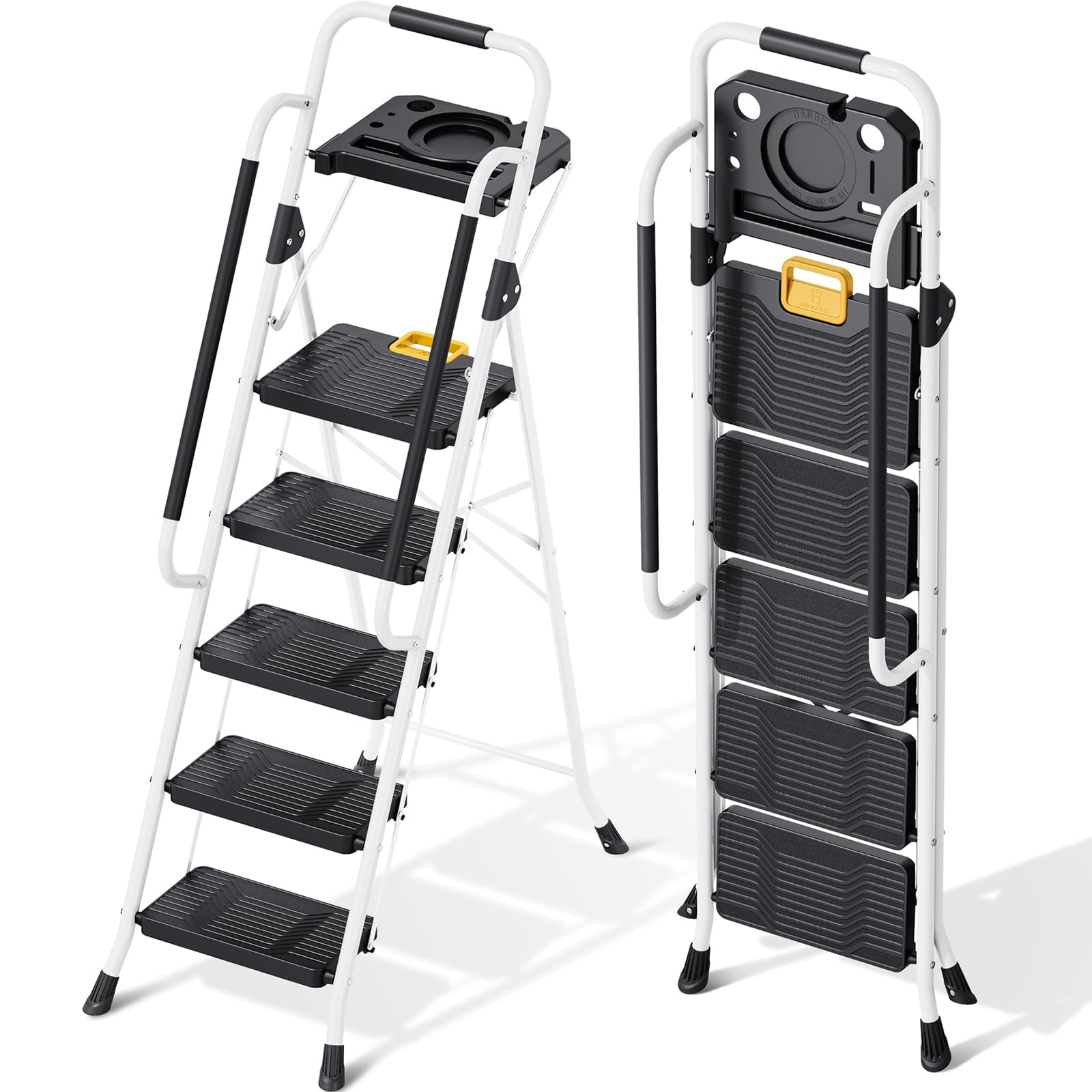 KINGRACK 5 Step Ladder, Step Stool 800 lbs Capacity with Safety Latch, Storage Tray, Handrail & Extra Wide Steps, Step Ladder 5 Step Folding for Home, Garden, Painting, Garage & Outdoor, White