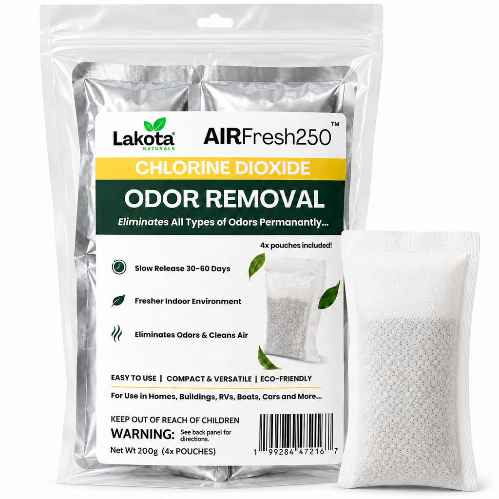 AirFresh250 - Slow Release Chlorine Dioxide Air Purifing Pouch - 4 Pouches. Eliminates all Odors, Professional Strength Odor Remover for Car, RV, Garbage, Refrigerator, Shoes, Closets, Gymbags.