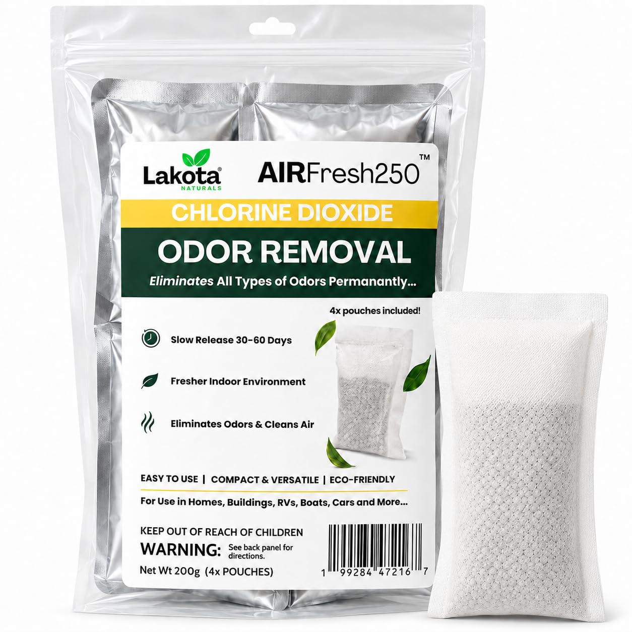AirFresh250 - Slow Release Chlorine Dioxide Air Purifing Pouch - 4 Pouches. Eliminates all Odors, Professional Strength Odor Remover for Car, RV, Garbage, Refrigerator, Shoes, Closets, Gymbags.