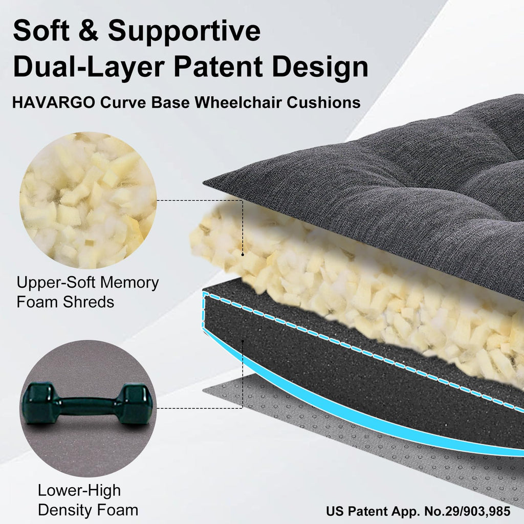HAVARGO 18x16 Memory Foam Wheel Chair Cushions for Seniors, Dual-Layer Anti-Sagging Patent Design with Curved Bottom for Better Fit and Pressure Relief on Wheelchair Seats, Dark Grey
