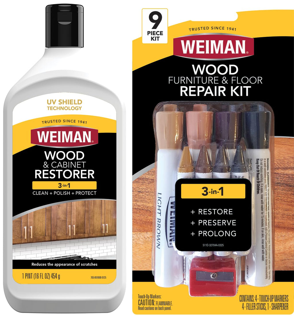 Weiman Wood Restore and Repair Kit, Wood Floor Scratch Repair, Furniture Markers Touch Up, Cabinet Cleaner, Removes Dirt & Reduces Scratches, Safe for Table, Desk, & Chair, UV Shield Technology