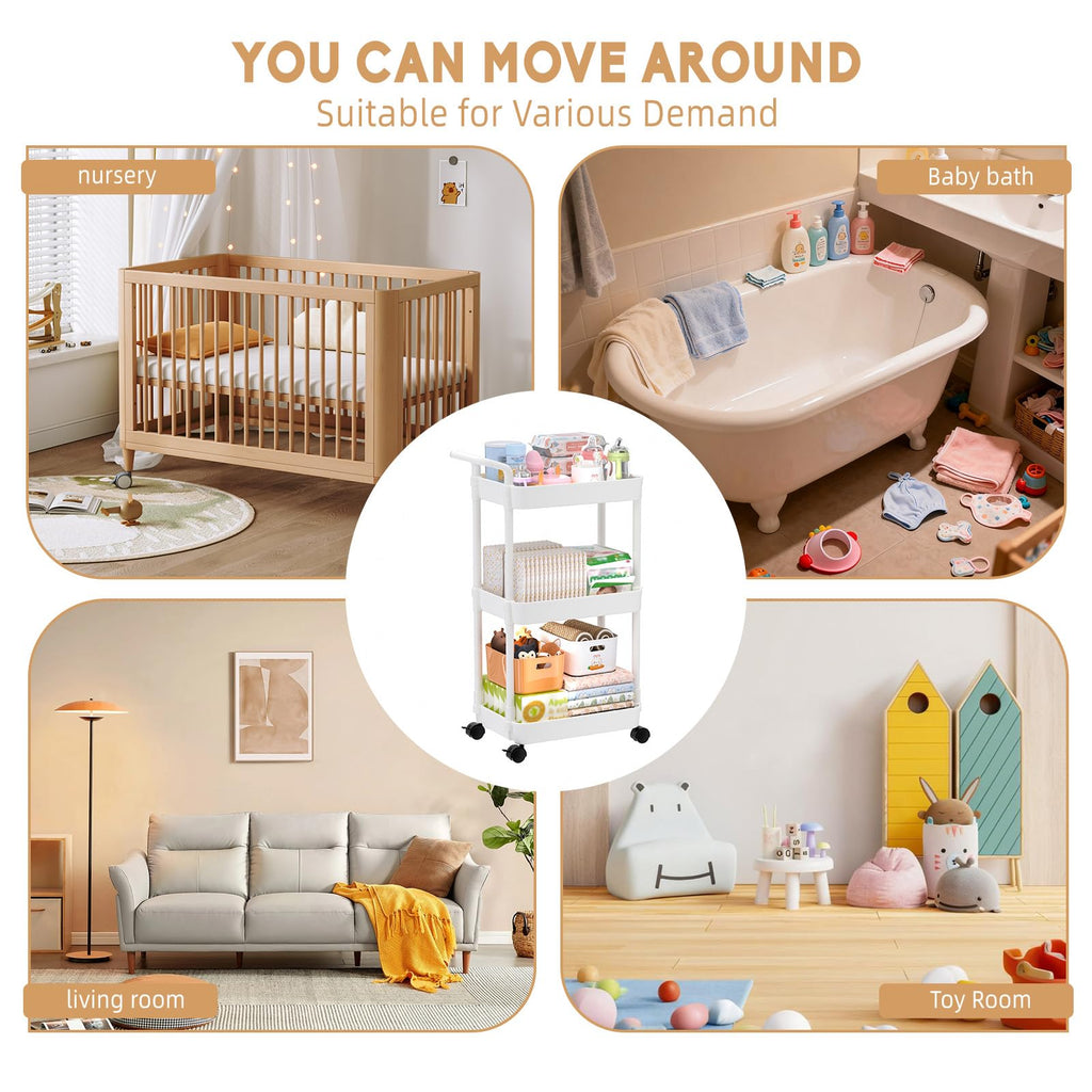 Volnamal Diaper Caddy, 3 Tier Rolling Cart for Baby Essentials, Off-White