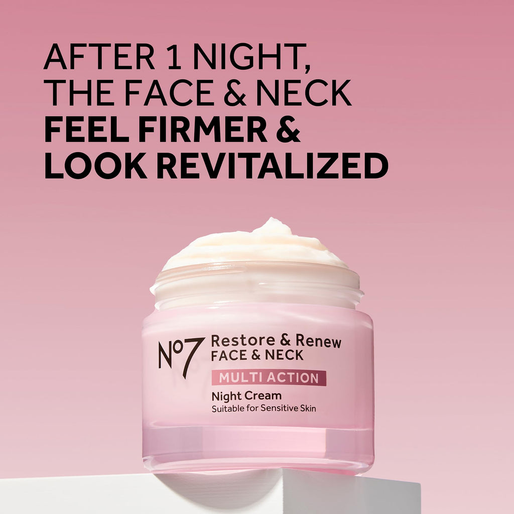 No7 Restore & Renew Multi Action Face & Neck Night Cream - Collagen Peptide Anti Aging Face Cream - Hydrating Hyaluronic Acid + Skin Firming Fragrance Free (50ml)