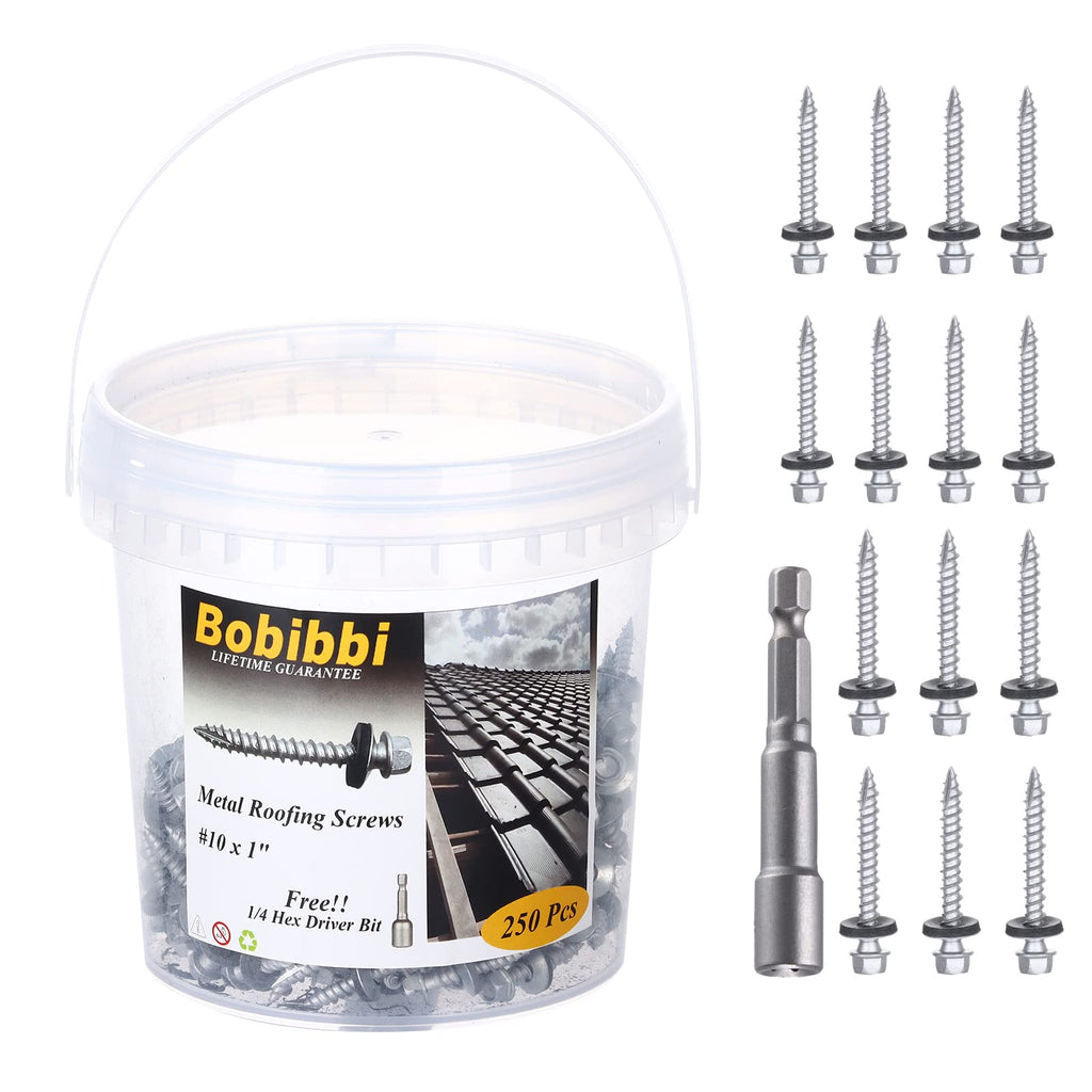 Metal Roofing Screws 10 x 1 inch, Hex Head Sheet Metal Roof Screw with EPDM Washer for Corrugated Roofing (250Pcs)