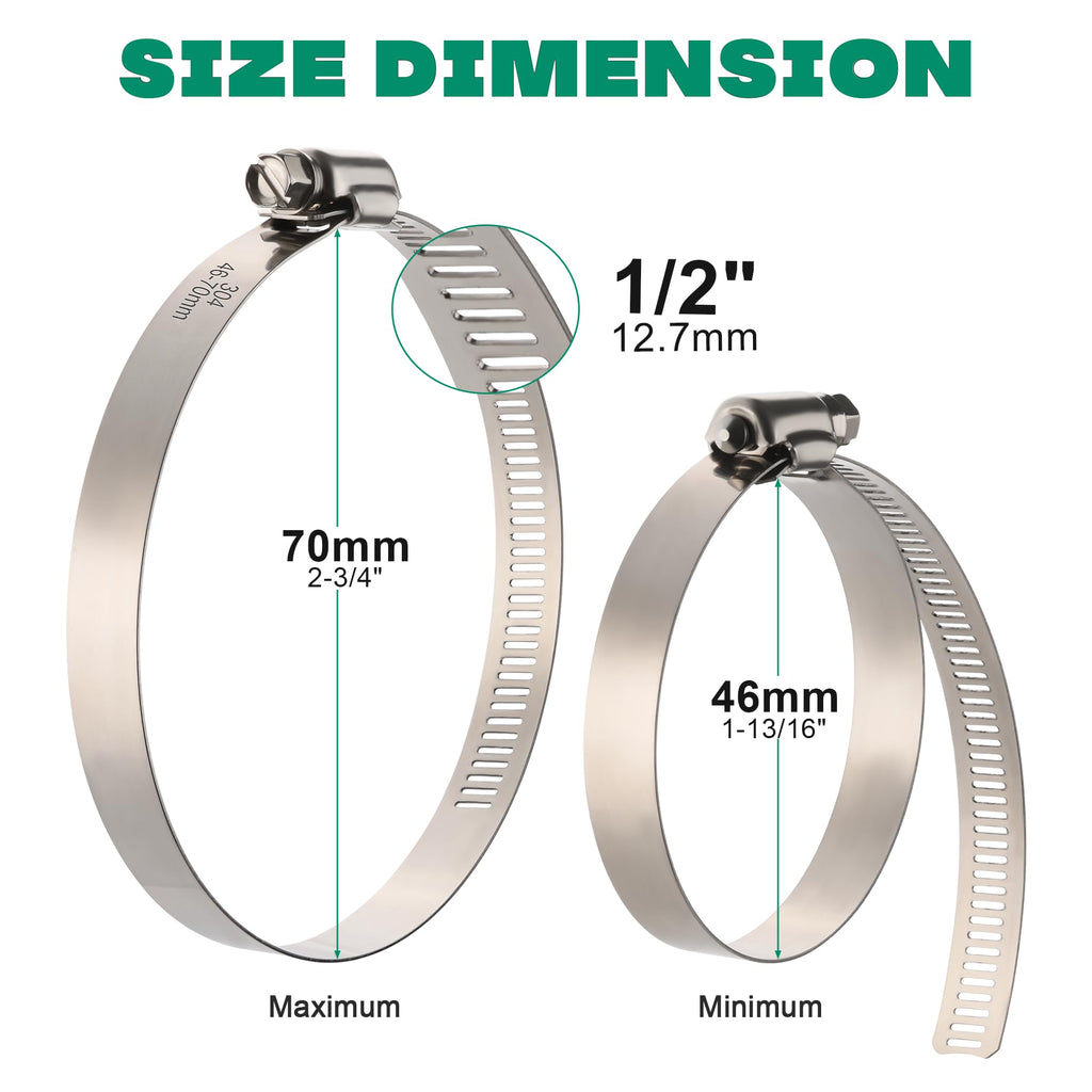 OURU 2.5 Inch Hose Clamps, Adjustable 1-13/16"-2-3/4"(46-70mm), 10 PCS