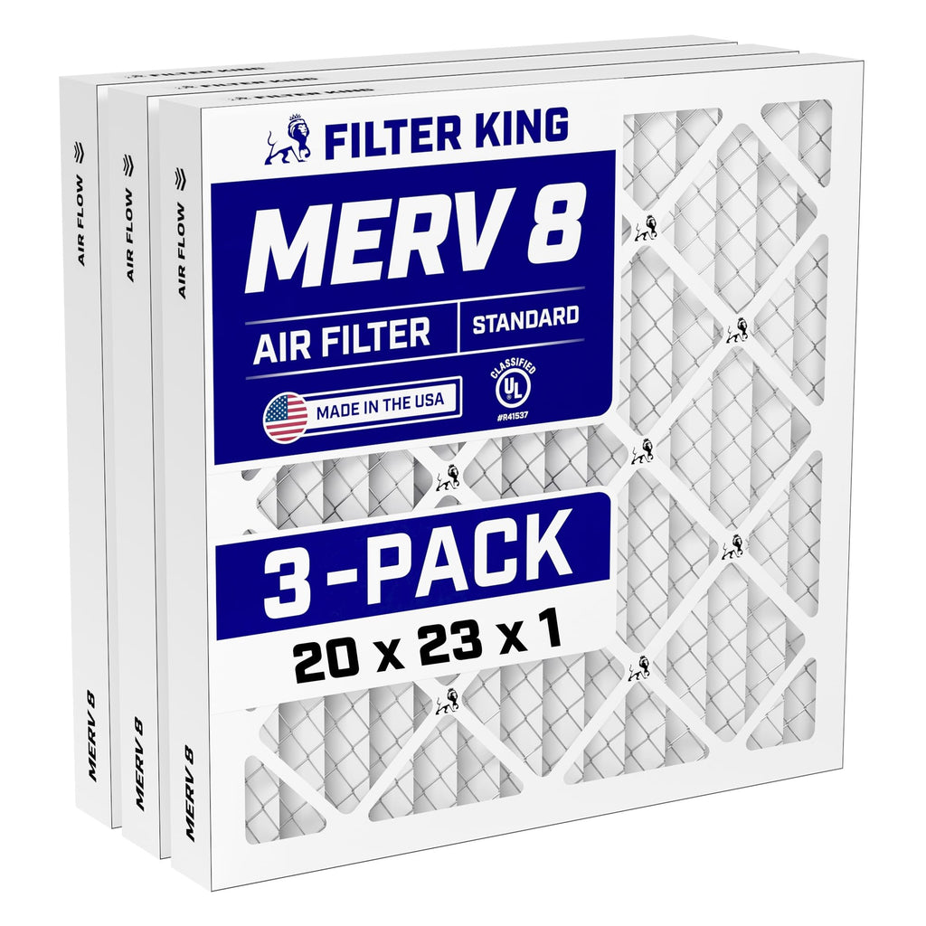Filter King 20x23x1 Air Filter (MERV 8) (3-Pack) Dust & Allergy Control AC Furnace Filters, MADE IN USA, HVAC, Pleated, Electrostatic (Actual Size: 19.5 x 22.5 x .75)