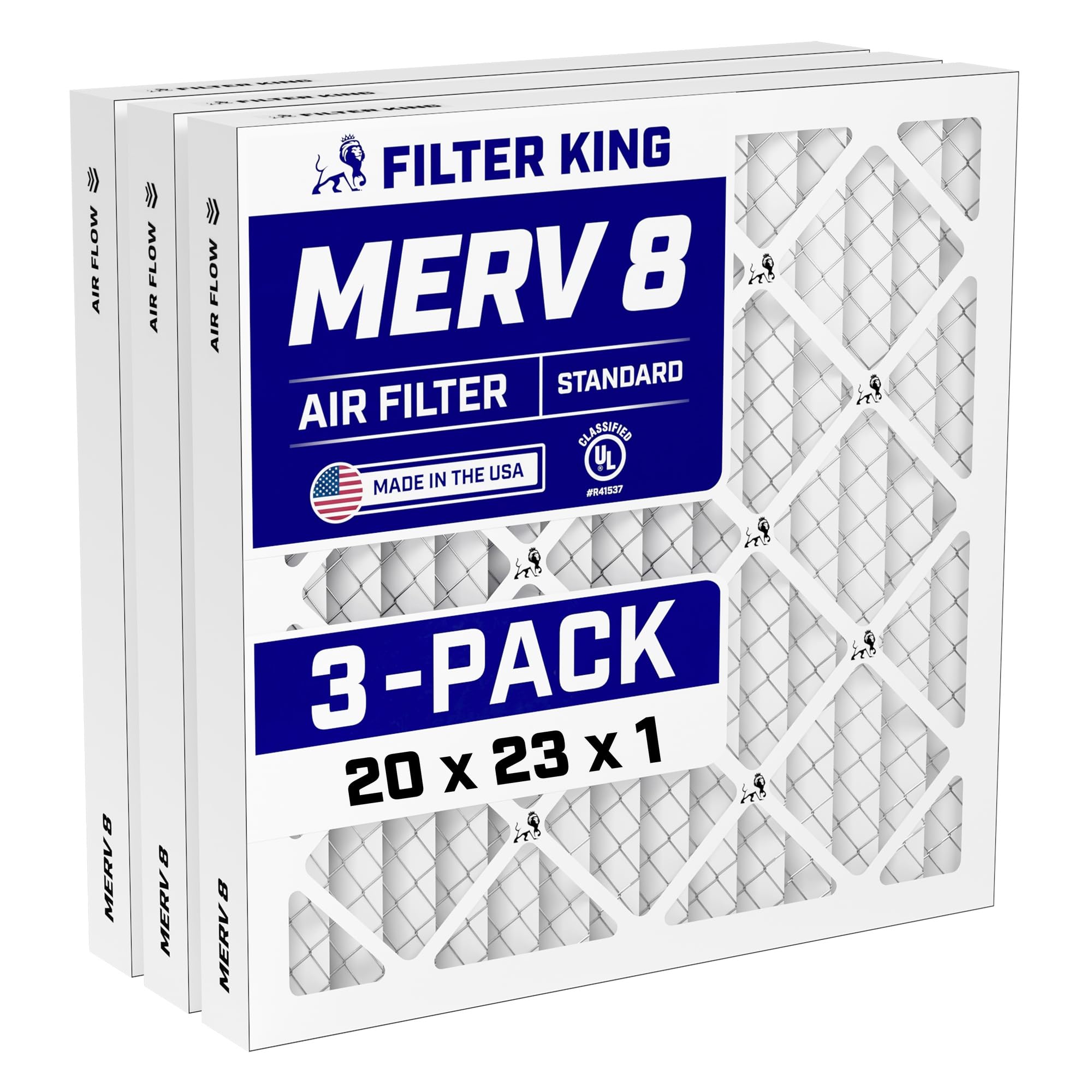 Filter King 20x23x1 Air Filter (MERV 8) (3-Pack) Dust & Allergy Control AC Furnace Filters, MADE IN USA, HVAC, Pleated, Electrostatic (Actual Size: 19.5 x 22.5 x .75)