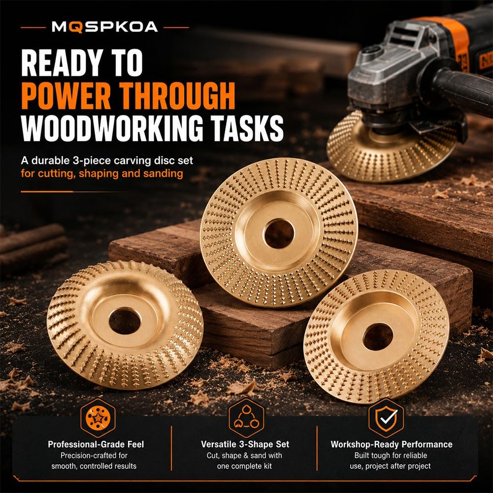 Tungsten Carbide Cutting Wheel, Angle Grinder Polishing Pad, 3PCS Heavy-Duty Wood Carving Disc Set for 4" & 4-1/2" Grinders, Woodworking Attachment for Cutting, Shaping, Sanding(3*Flat Surface)