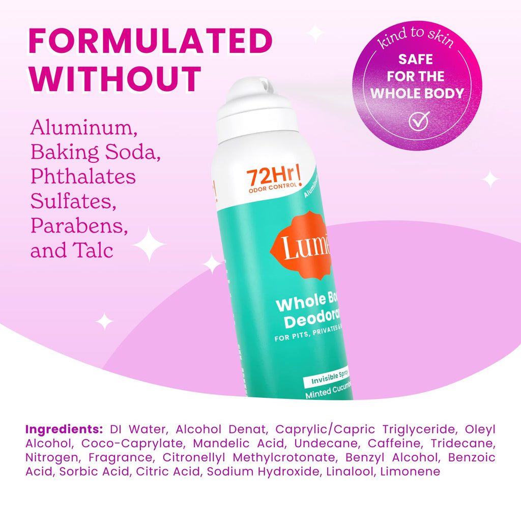 Lume Invisible Spray Deodorant For Women - Whole Body Deodorant Spray - 72Hr Odor Control - Ozone Friendly, Natural Propellant - Aluminum & Baking Soda Free, Skin Loving - 3.6oz, 2pk (Minted Cucumber)