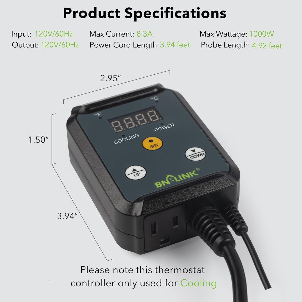 BN-LINK Digital Cooling Thermostat Controller, Temperature Controlled Outlet for Attic Fan, Exhaust Fan, Cooling Devices 40-108°F, 8.3A 1000W