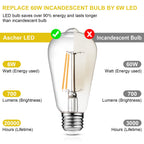 Ascher Dimmable Vintage LED Edison Bulbs, 6W, Equivalent 60W, 700lm, Warm White 2700K, 80+ CRI, ST58 Antique LED Filament Bulbs, E26 Medium Base, Clear Glass, Pack of 6