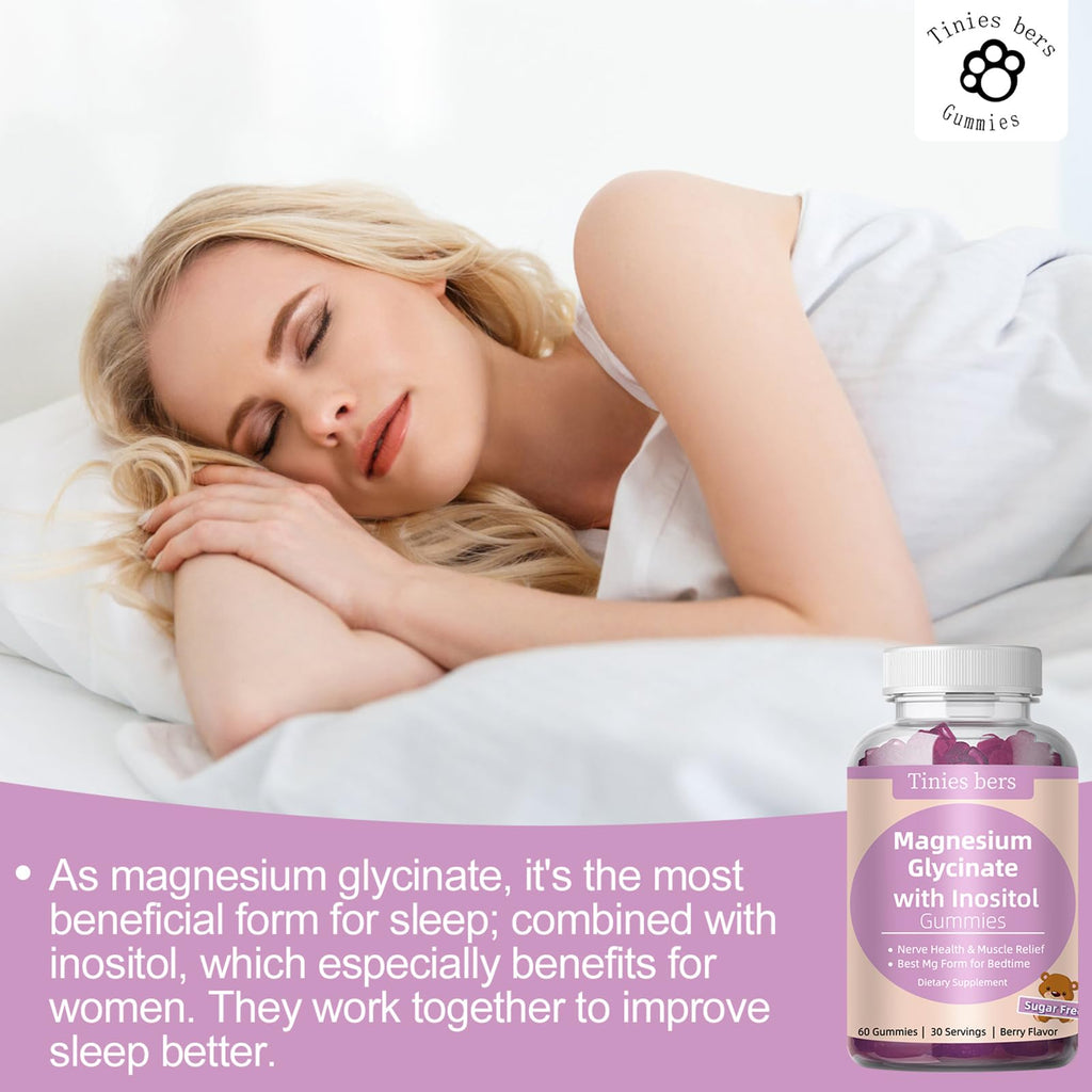 Magnesium Glycinate Gummies 400mg, w/Inositol 500mg for Women, Mineral & VIT B8 for Sleep, Stress & Muscle Relief, Metabolism Health, Sugar Free, No Melatonin, Gluten Free, Non GMO, Vegan, Pectin, 60