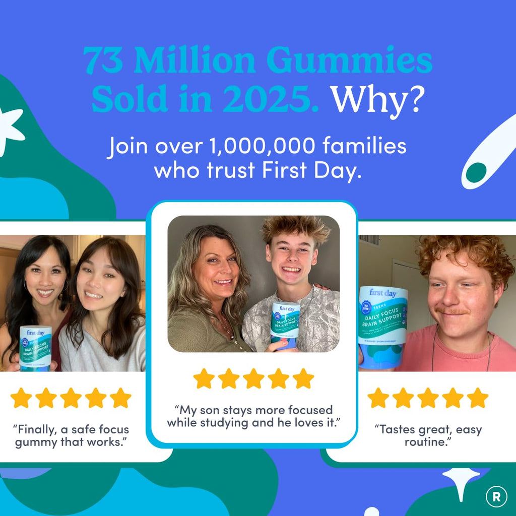 FIRST DAY Teen Brain & Focus Supplement Gummies Ages 13–18 | Study & Concentration Support with Cognizin® Citicoline & Phosphatidylserine | Vegan, Non-GMO, Caffeine-Free | 30-Day Supply