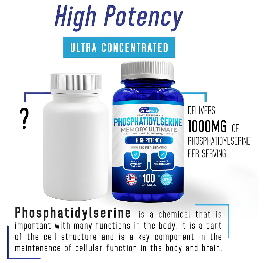 We Like Vitamins Phosphatidylserine Supplement with Gingko Biloba, Gotu Kola, DMAE - Improves Focus, Memory, Cognitive Function - Soy-Free 1000mg Memory Ultimate Complex - 100 Easy-to-Swallow Capsules