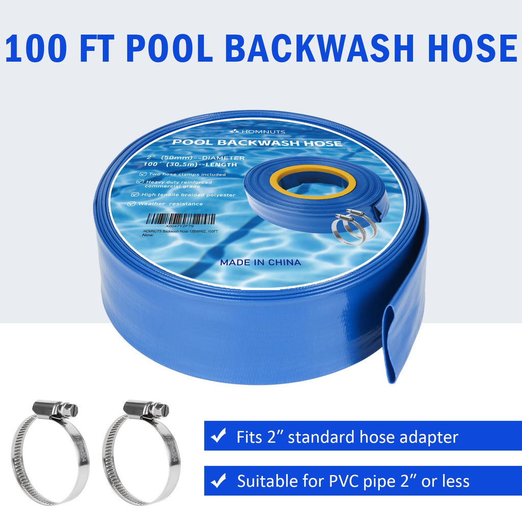 HOMNUTS Pool Backwash Hose 2 IN x 100 FT Blue Pool Pipes with Two Stainless Steel Clamps for Swimming Pool, Garden, Water Transfer