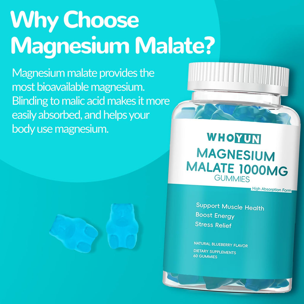 Whoyun Magnesium Malate Gummies 1000mg, Enhanced Absorption Magnesium Chewables Supplement with Malic Acid for Energy Boost & Muscle Health, 60 Count