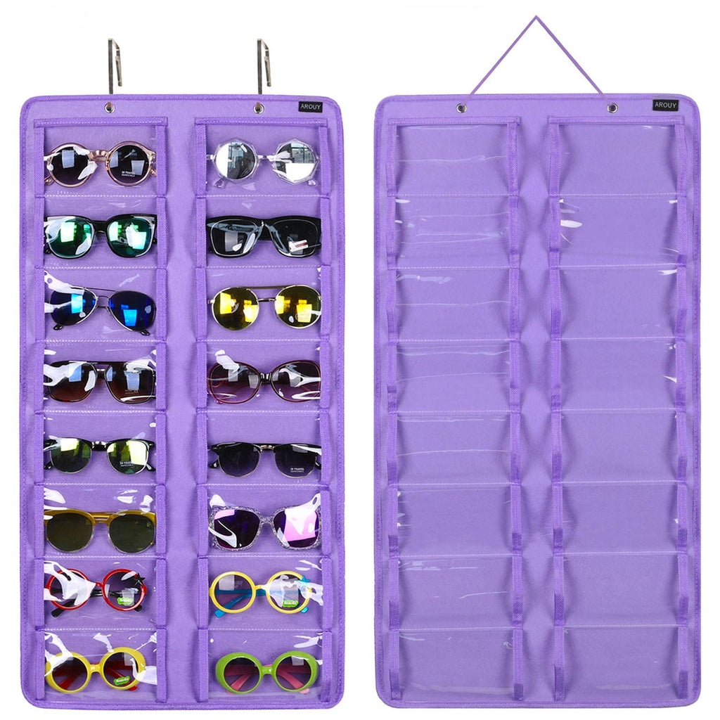AROUY Sunglasses Organizer Storage, Hanging Dust Proof Wall Pocket Glasses Organizer - 16 Felt Slots Sunglass Organizer Holder with Metal Hook and Sturdy Rope (Dust Proof, Purple)