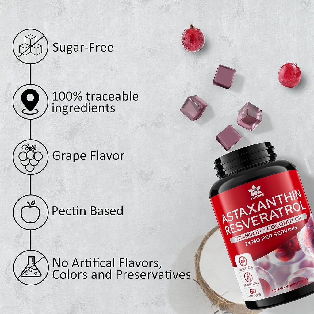 Astaxanthin Supplements 24mg Gummies with Resveratrol, Vitamin B1, Coconut Oil - Algae Organic Antioxidants for Men & Women Healthy Aging, Skin, Eyes, Immune - Vegan, Sugar-Free, Non-GMO, 120 Servings
