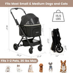 Foldable Dog Stroller for Small Dogs Cats Portable Compact Stroller for Pets Up to 35lbs One Click Folding Travel Pet Carriage with Convertible Canopy, Storage Basket - Black