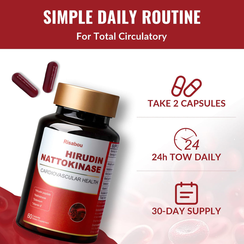 Risabou 2 Bottles Hirudin Peptide 300mg, Nattokinase 150mg with Red Yeast Extract, Black Garlic Extract, Selenium, Vitamin E, Soybean Peptide 7 in 1 Formula丨120 Capsules