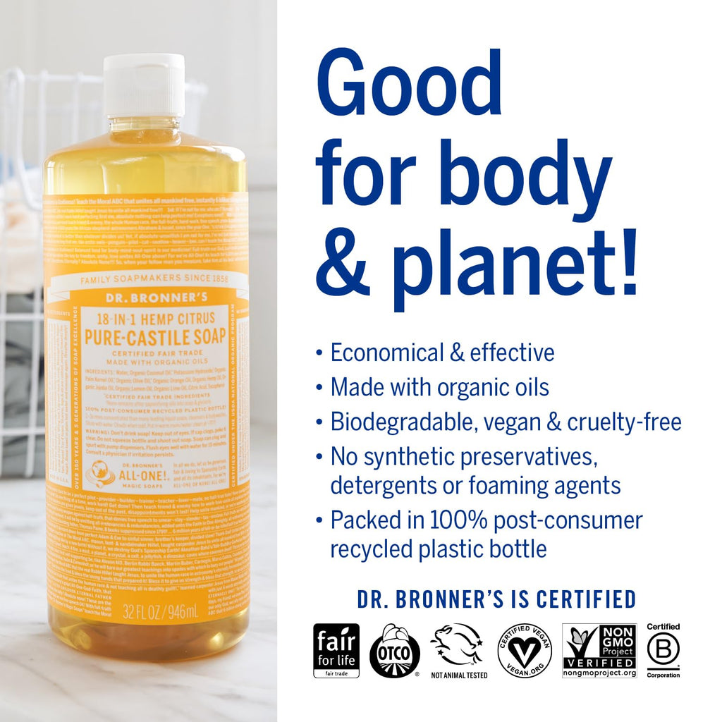 Dr. Bronner's Magic Soap-Pure-Castile Liquid Soap (Citrus, 32oz, 2-Pack)-Regenerative Organic Certified Oils, 18-in-1 Uses: Body, Hair, Laundry, Pets & Dishes, Concentrated, Vegan, Non-GMO