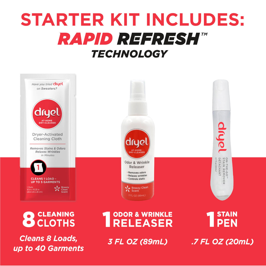 dryel At-Home Dry Cleaner Starter Kit with Wrinkle Release Spray, New and Improved, Gentle Laundry Care for Special Fabrics and Dry-Clean-Only Clothes, 8 Loads with On-the-Go Stain Remover