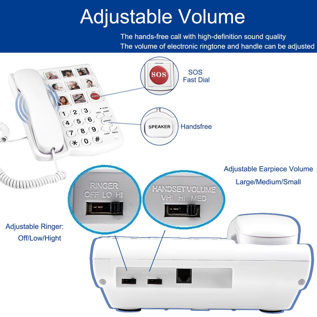 Big Button Phone for Seniors, 9 Pictured Big Buttons,Extra Loud Ringer,Wired Simple Basic Landline Telephone for Visually Impaired Old People with Large Easy Buttons, Emergency House Phones