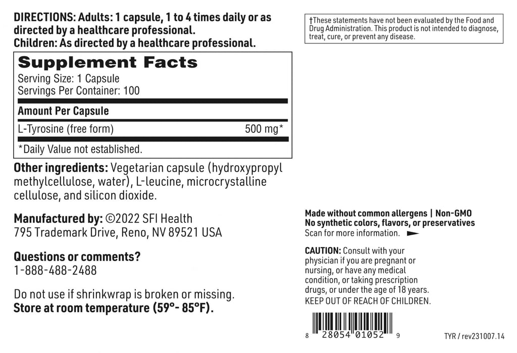 Klaire Labs SFI Health L-Tyrosine - 500 Milligrams Hypoallergenic & Free Form Amino Acid Dopamine Precursor, Supports Healthy Stress Response (100 Capsules)